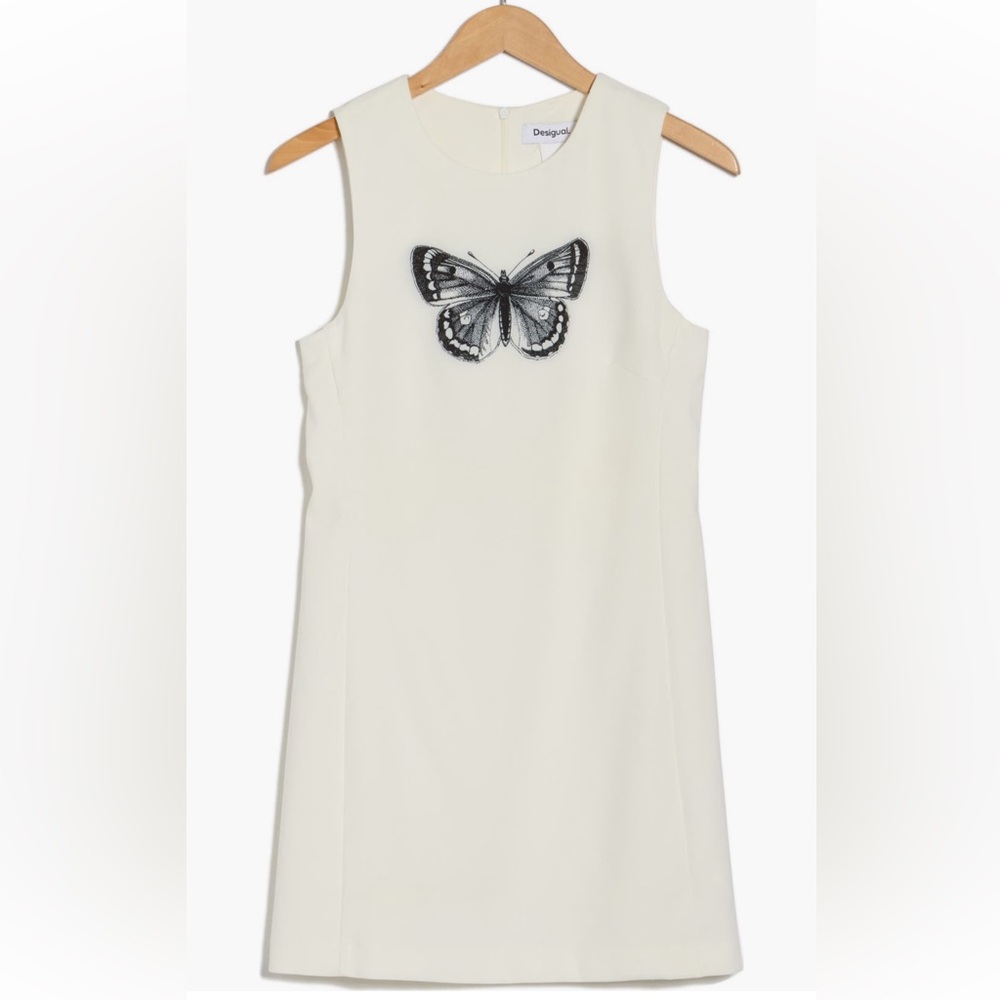 NWT Desigual White Sleeveless mini Dress with Black Butterfly M (small)